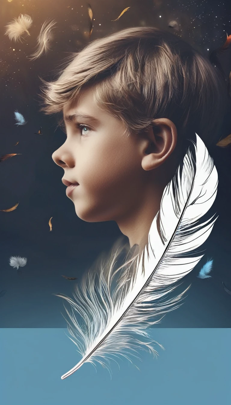 Create a professional, fantastic, cinematic dream-like Youtube Banner for a brand about music, stories, fantasy and dreams called " Penamemoria". Masterpiece, 4k, sharp focus, highest quality,wide shot. The title is " Penamemoria". Is a brand about the creative, unique journey of a boy into becoming a musician storyteller. In his journey he finds inspiration in a world of birds and feathers. Minimalistic, simple, poetic, dreamy logotype at the center of the image. The Background image is a world full of fantastic feathers, unique birds, light blue sky, soft white and light golden. Logo design of a face of a boy and a face of a feather. A minimalist, fantastic, poetic, dreamy, captivating, memorable, masterpiece, modern, simple logo design of a boy and a feather for the brand “Penamemoria". The logo must convey a sense of music, stories and dreams. Minimalistic logo design of a boy and a feather.