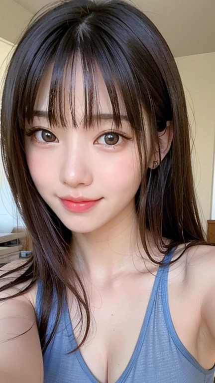 bright表情、Photorealistic Stick:1.32、Highest quality、Ultra-high resolution、Photos of the most beautiful Japan girls、Cute and beautiful details、Small face、(Facing the children_v1:0.008)、美しいbangs、19 years old、Glowing White Skin、Hair gets tangled in the face、顔まで伸びるbangs、bangs、Hair betweehe eyes、超Long Hair、Attractive brown silky hair、bright、Clear light blue eyes sparkle charmingly、Ample breasts、Index finger on chin pose、Pink Lipstick、Highest quality、((The cutest girl in the world))、19 years oldの女の子、Sitting on the bed、((Wearing loungewear:1.3))、(Long Hair:1.3)、(Nice and cute、An innocent smile、nice smile、Uneven breasts、(Small breasts:1.3)、Black Hair、Narrow waist、Beautiful eyes in every detail、Selfie、Upper Body、Face close-up、Front view、