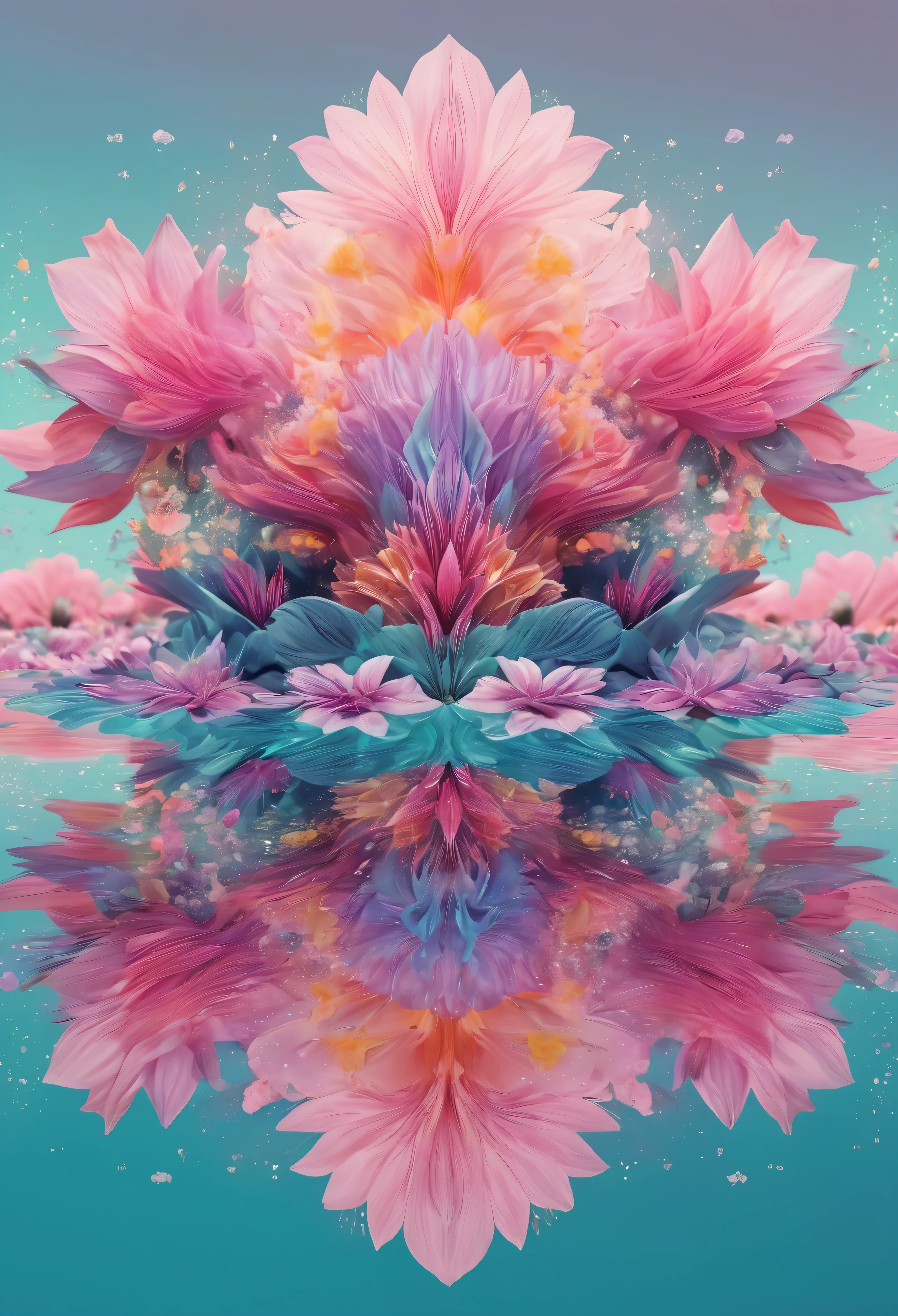 Design a visually fascinating surreal. ((universe)) A heavenly masterpiece ((Flores)) They are dynamic geometric shapes,Amid a sea of ethereal pastel tones.., Each petal represents a distant galaxy, The interplay of colour and pattern creates an otherworldly landscape, Masterpieces in up to 16K resolution, good quality. | ((farther_detail))
information