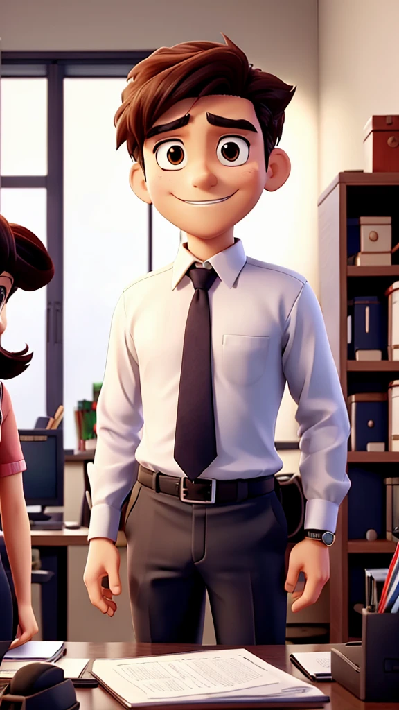 An anime-style office setting with a boss and an employee. The boss, looking serious, asks why the employee is late. The employee, with a slight grin, responds cleverly."