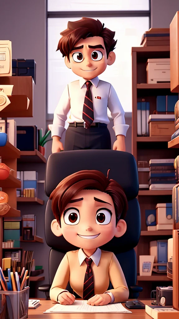An anime-style office setting with a boss and an employee. The boss, looking serious, asks why the employee is late. The employee, with a slight grin, responds cleverly."