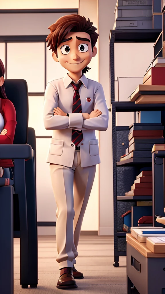 An anime-style office setting with a boss and an employee. The boss, looking serious, asks why the employee is late. The employee, with a slight grin, responds cleverly."