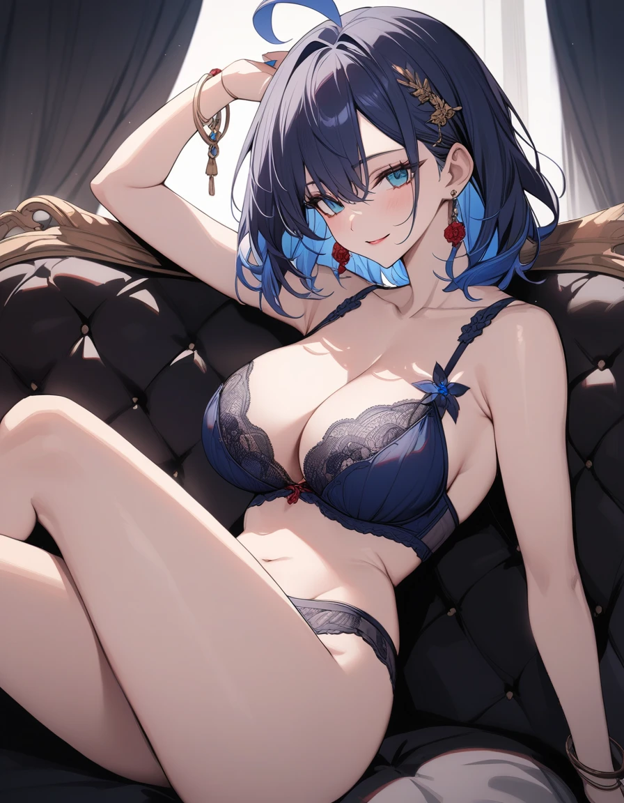 (Highest quality:1.2, High Detail, masterpiece:1.2, Best aesthetics), (1 girl), Beautiful woman, Beautiful detailed eyes, Beautiful detailed lips, Highly detailed face, Delicate depiction of hair and eyes, Detailed Fashion, ((Portraiture, Cowboy Shot)), Aqua Eye, huge ahoge, Mouth open, Earrings, View your viewers, attractive breasts, huge breasts, upper body, full body from knees to head, in the room, gaze away, high exposure, gaze into the distance, smile lightly, bared navel, lots of exposure, Emphasize cleavage, fancy sheer bra and pantie, naked arms and legs, fancy nails, sheer lingerie, sheer red bra, T-back, spread legs, dark blue hair, bracelet, medium hair, blue color inner hair,