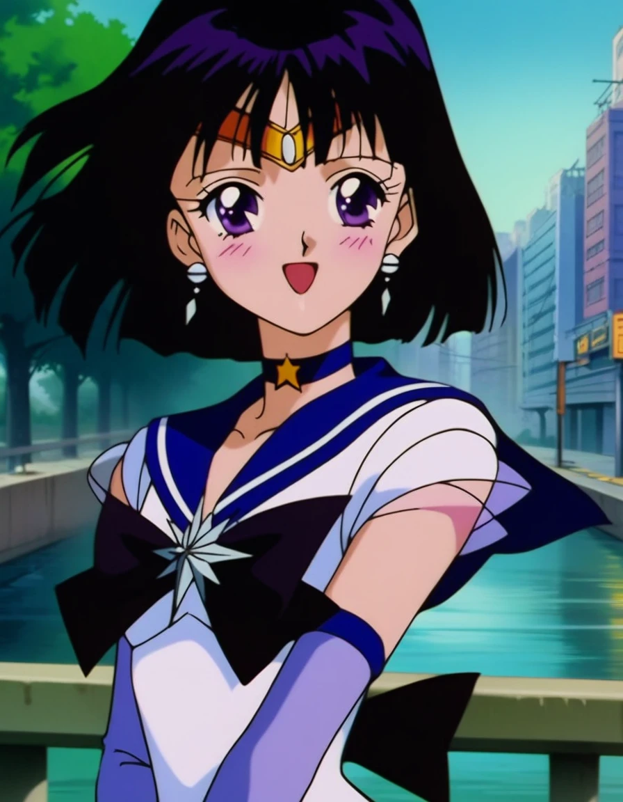 masterpiece, best quality, very aesthetic, absurdres, Sailor Saturn XL, 1990s \(style\), anime artwork, anime style, perfect face, perfect composition, moist skin, intricate details, beautiful detailed eyes, BREAK 1girl, solo, teen, short hair, black hair, purple eyes, flat chest, skinny, sailor senshi uniform, purple sailor collar, tiara, earrings, jewelry, star choker, star brooch, bowtie, white elbow gloves, shiny clothes, BREAK smile, blush, open mouth, (model pose:1.1), outdoors, city, wind, upper body,