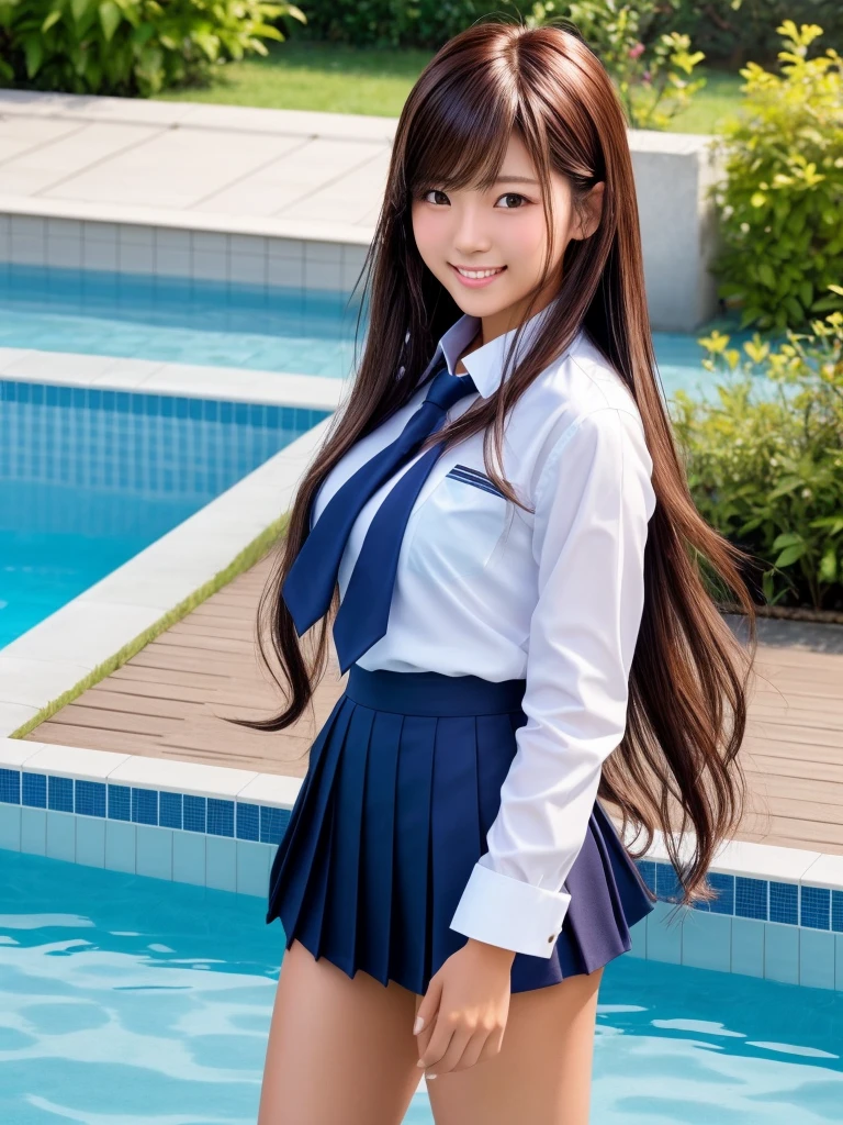 High school girl, high school student, 8K, high definition, SLR camera, younger sister, upper breasts visible, breast emphasis, baby face, loli, small, looking down on her brother while grinning,, idol face, eyes are erotic, body is erotic, sexy and skin is beautiful, loved by everyone, Japan person, high school girl. Chest close pose, full reflection, chest close pose, small breasts appeal with hands pressed to chest, slouching forward, slouching posture, erotic, chest pulling pose, realistic, short half twin tails, short hair, pitch darkness, school pool, big appeal, skew water with high exposure, top is squeaky water and wearing uniform skirt below