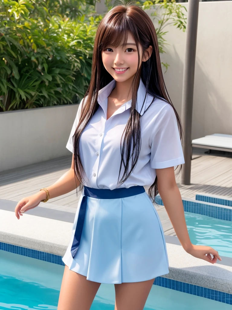 Product quality, 1 girl, upperbody shot, Front view, a Japanese young pretty girl, Long hair, Glamorous figure, For school uniforms, Standing by the pool with a big smile, Wet body, Wet hair, hyper cute face, Glossy lips, double eyelids for both eyes, Natural makeup, Shiny smooth light brown bob hair, asymmetrical bangs, Tanned skin, central image, High resolution, high detailing, detailed hairstyle, Detailed face, Cinematic lighting, Octane Rendering, Vibrant, Hyper realistic, Perfect limbs, Perfect Anatomy