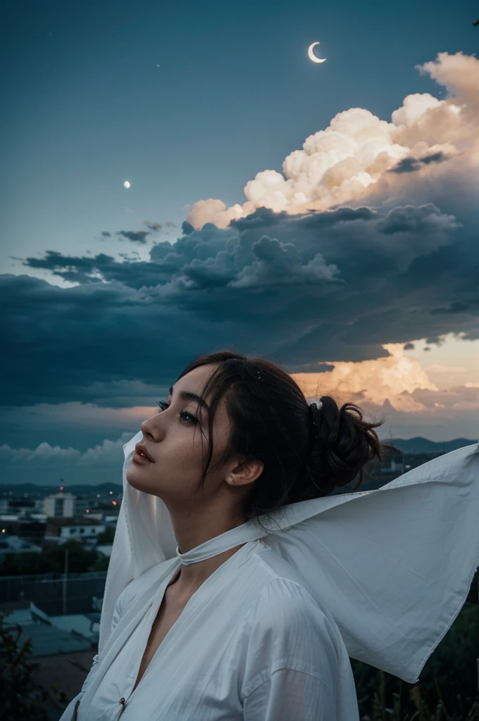 terrible place. in the evening. there is a woman in a long white dress. devil shaped face. the moon is covered in clouds. photo from afar.