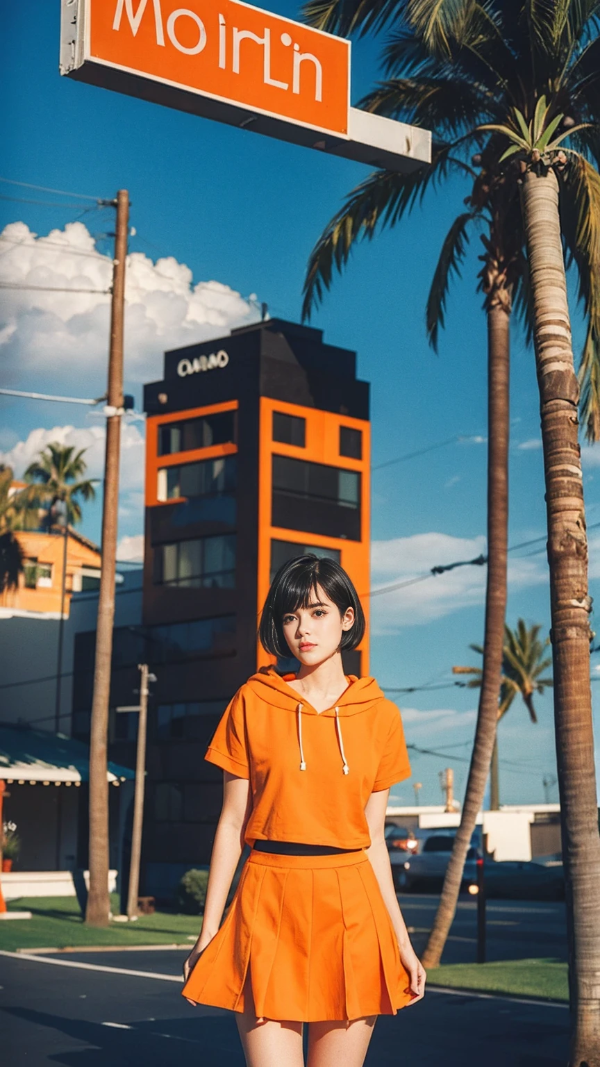 (long shot portrait :1.3), of cute 23 yo girl (perfect beautiful body ) ,beautiful face, (realistic face),(perfect natural breast),wear ((orange color oversized hoodie)), wear ((purple tennis skirt)),looking viewer,Best Quality,Masterpiece,Ultra High Resolution,(Realisticity:1.4),Original Photo, 1Girl, light leak,ultra high resolution,UHD,beautiful, (black bob hair), almond eye, no makeup, in front of ((80's mondrian architecture motel)), (realistic:1.2), (surreal:1.3), (very detailed:1.1), ((masterpiece)),summer, blue sky, palm trees,sunny, los angles vibes,film camera, 800mm lens,style of Philip Lorca diCorcia,beautiful face, (realistic face), (black hair, short hair:1.3)