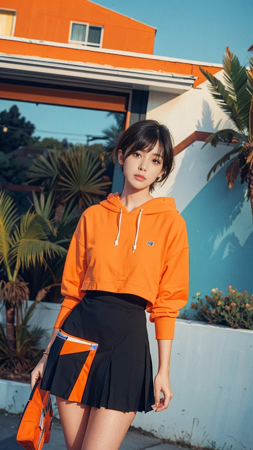 (long shot portrait :1.3), of cute 23 yo girl (perfect beautiful body ) ,beautiful face, (realistic face),(perfect natural breast),wear ((orange color oversized hoodie)), wear ((purple tennis skirt)),looking viewer,Best Quality,Masterpiece,Ultra High Resolution,(Realisticity:1.4),Original Photo, 1Girl, light leak,ultra high resolution,UHD,beautiful, (black bob hair), almond eye, no makeup, in front of ((80's mondrian architecture motel)), (realistic:1.2), (surreal:1.3), (very detailed:1.1), ((masterpiece)),summer, blue sky, palm trees,sunny, los angles vibes,film camera, 800mm lens,style of Philip Lorca diCorcia,beautiful face, (realistic face), (black hair, short hair:1.3)