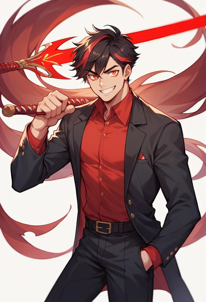 A mexican man with long wavy black hair with a red streak. He wears a black tricon hait with a black blazer and red shirt. He stands smiling with a red glowing sword in his hands.