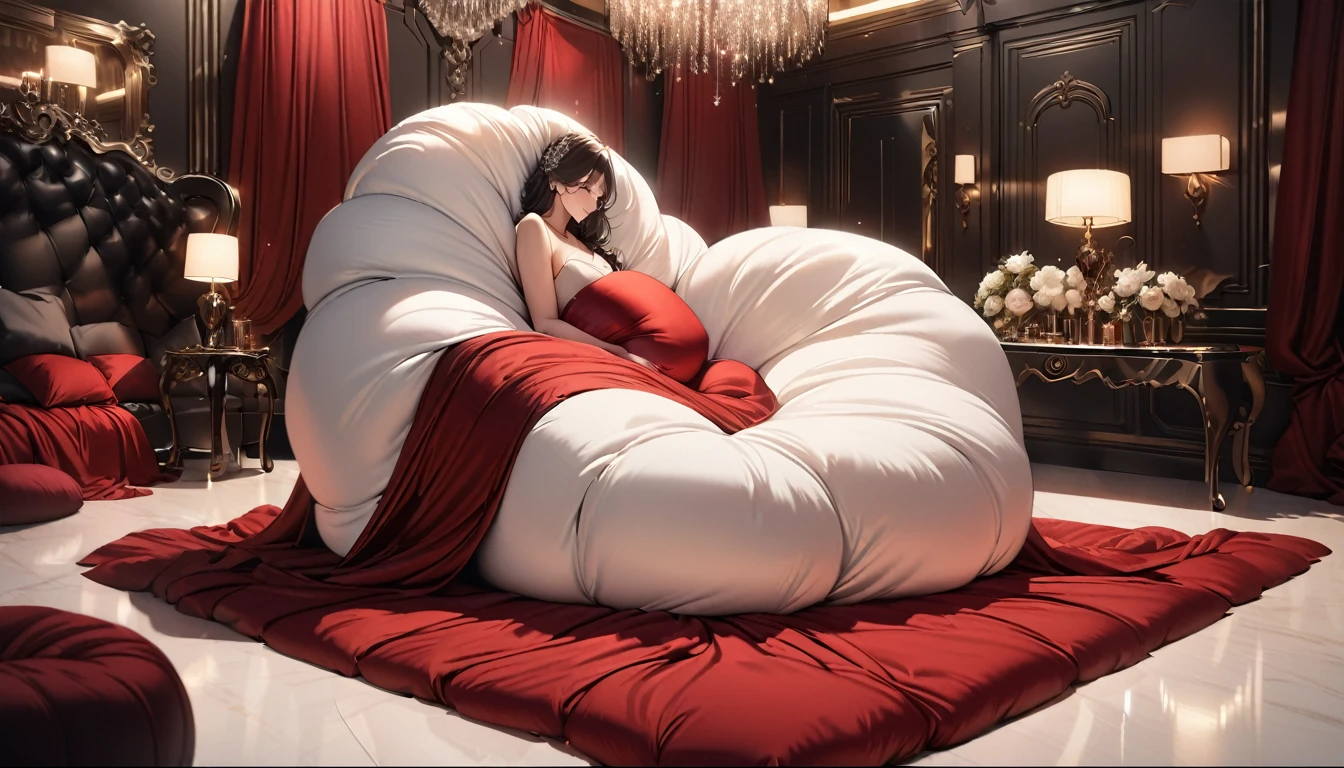 A fluffy red silk feather duvet, many huge silk body pillows, a luxurious and fluffy red silk bed, red silk sheets, 8k, best quality, high detailed, photorealistic, dramatic lighting, warm tones, luxurious, soft, plush, velvet, satin, velvety textures, elegant, sophisticated, premium, lavish, opulent, sumptuous, indulgent, exquisite, refined, lush,