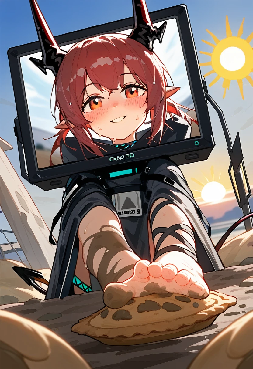score_9,score_8_above,score_7_above,1 girl,mud rock (arknights),dirty,pies,gloves,hull,horns,sunes,Red eyes,barefoot,pointy ears,old,suno,wide,by white,black gloves,toes,hull de seguridad,Foot focus,looking at the viewer,session,sweat,Chapped lips,dirty pies,tenure,outdoor,sky,hits,oripathy lesion (arknights),day,SMILE,blush,demon horns,infection monitor (arknights),foreshortening,sun,
