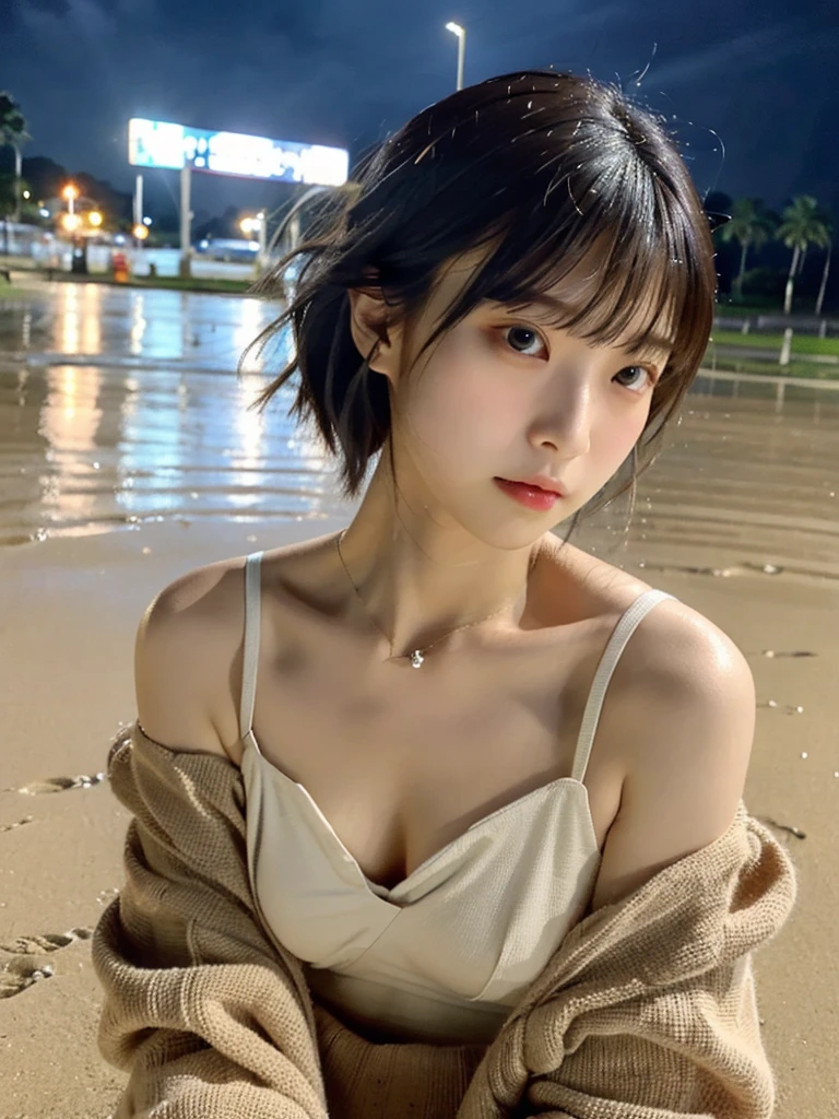 Highest quality,RAW Photos , 19 year old Japanese female idol, From above , Face Focus , Face close-up ,
Selfie,Lying on the ground, ((Off-the-shoulder tops , Cold shoulder top , clavicle , Expose your shoulders ,Cleavage ,))short hair, Bowl Cut ,Cute face ,Edgy,Drooping ,clavicle,Muddy water , Overflowing ,Wet ,Selfie, Pale skin,At the Beach, rain,night,