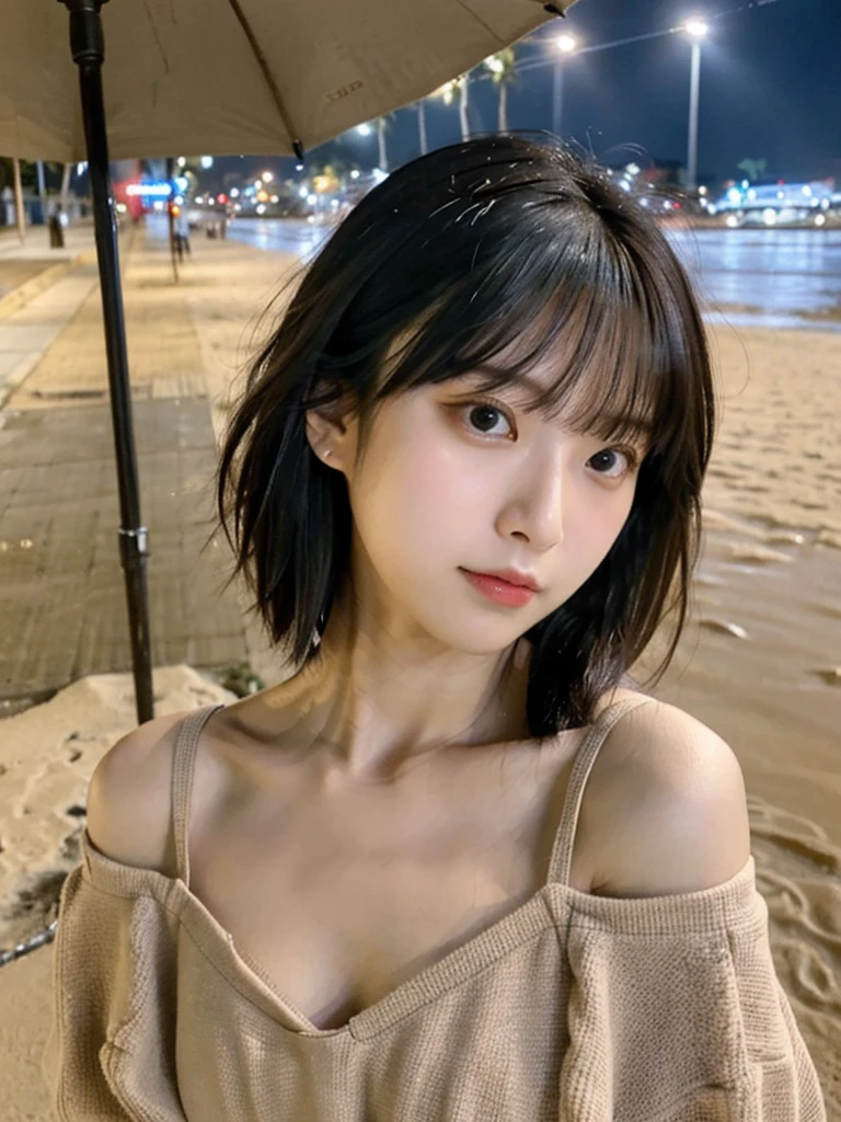 Highest quality,RAW Photos , 19 year old Japanese female idol, From above , Face Focus , Face close-up ,
Selfie,Lying on the ground, ((Off-the-shoulder tops , Cold shoulder top , clavicle , Expose your shoulders ,Cleavage ,))short hair, Bowl Cut ,Cute face ,Edgy,Drooping ,clavicle,Muddy water , Overflowing ,Wet ,Selfie, Pale skin,At the Beach, rain,night,