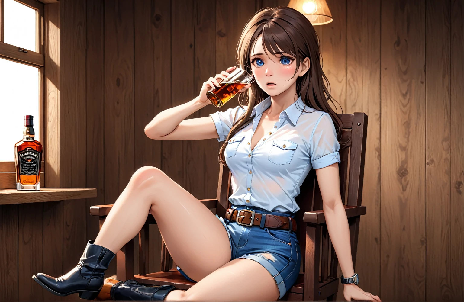 (((1 person:2.5))),(((NSFW:0.5))),(((Wear denim hot pants:1.5))),(((Wear a short-sleeved collared shirt:1.5))),(((Wear a gun belt with a holster:1.8))),,((Wear a watch on your wrist:1.5))),(((Showing cleavage))),(((Exposed thin inner thighs))),(((Small breasts:1.5))),(((Navel exposed:1.5))),(((Bare arms))),(((Put on your boots:1.5))),((Blushed:1.8)), Beautiful detailed girl, Very detailed目と顔, 緻密でBeautiful Eyes, Very detailed, High resolution, Highest quality, masterpiece, Very detailed, 8k wallpaper, wonderful, finely, Highest quality,(Standing in front of a wooden wall),Beautiful Eyes,((Engage your audience:1.5)),((Cowboy Shot:1.5))),((Front shot:1.2)),((Drinking whiskey:1.4)),(((Drunk:1.8))),(((Sit on a chair:1.2))),(((Crying face:0.8)))