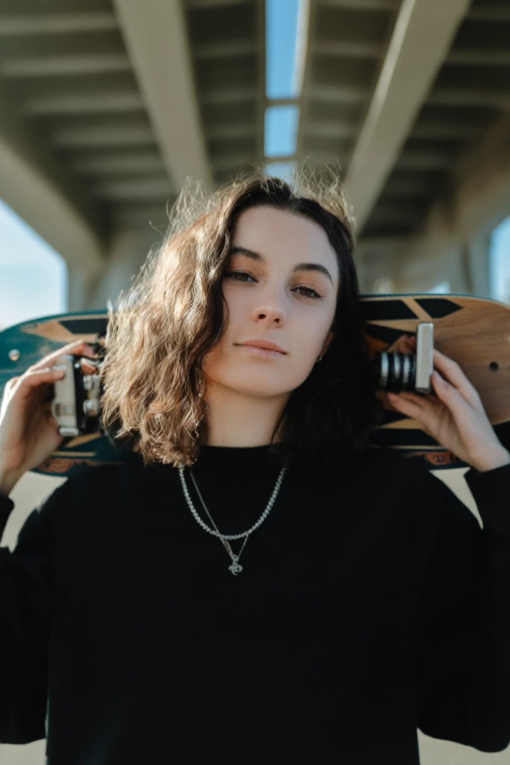 arafed woman holding a skateboard and a camera in front of her face, mid shot portrait, detailed portrait shot, high quality portrait, portrait shot, portrait featured on unsplash, photo portrait, detailed portrait, album art, medium shot portrait, kailee mandel, photo of young woman, centered portrait, on a bridge, mid portrait, 3 5 mm portrait