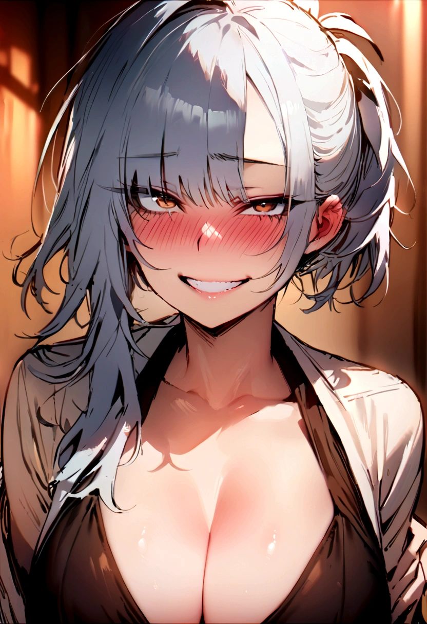 masterpiece, best quality, 1 Korean girl, deep blush, grin, bowboyshot looking at viewer