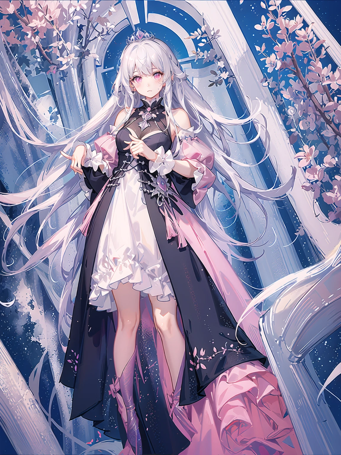 Girl, white hair, with bangs, long hair, wavy hair, pink eyes, deep pink eyes, innocent face, looking at viewer, princess, princess dress, flared dress, frills, blush