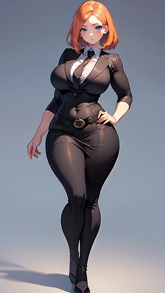 blank background, (((full body))), (masterpiece), ((best quality)), ((tall girl)), straight hair (curvy:1.7), (short skirt), shoes, belt below navel, ginger hair,, (black suit and tie), wide hips