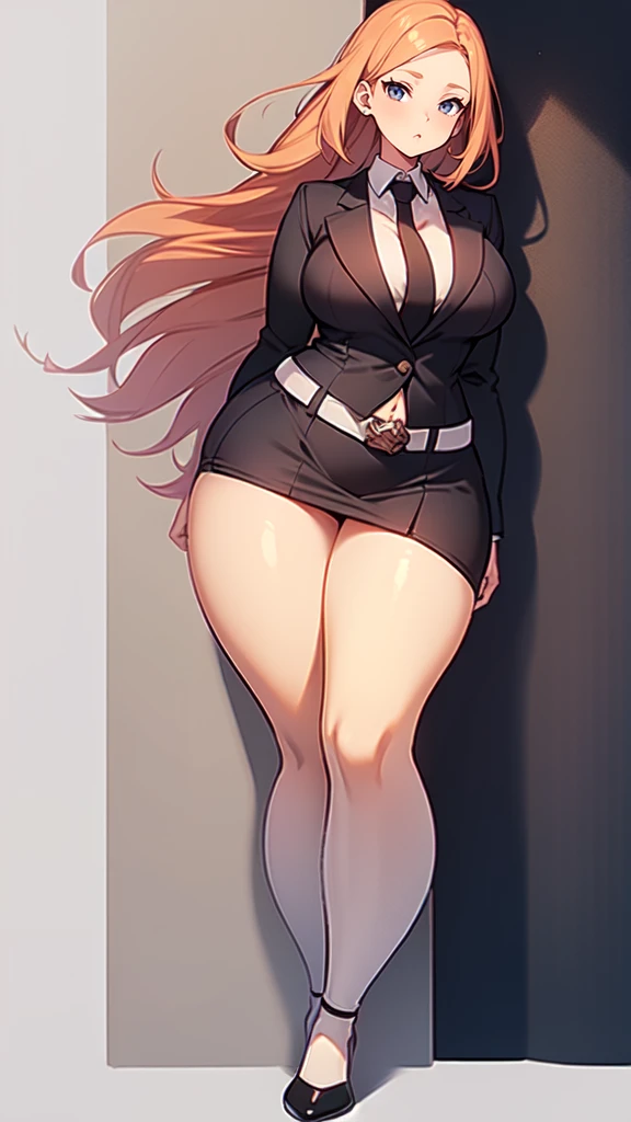 blank background, (((full body))), (masterpiece), ((best quality)), ((tall girl)), straight hair (curvy:1.7), (short skirt), shoes, belt below navel, ginger hair,, (black suit and tie), wide hips