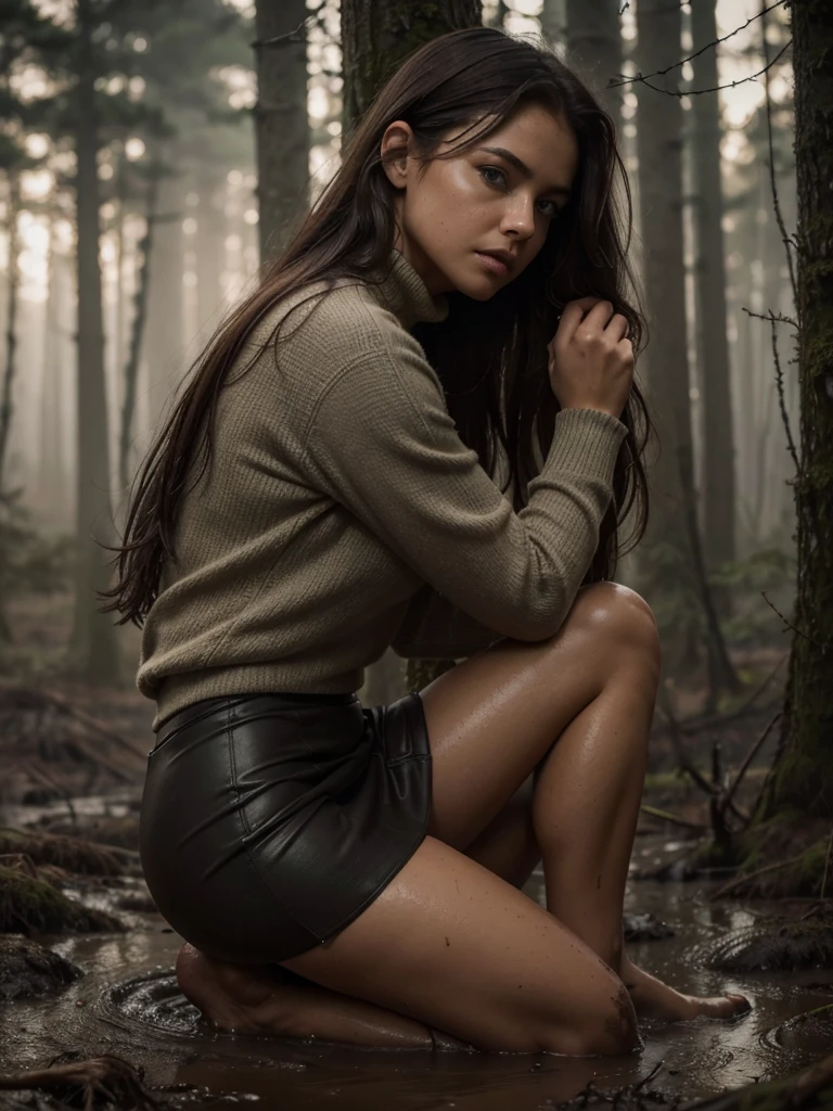 ((masterpiece,8k, ultra-detailed)), side view, close-up, muted colors, dusk, rainy, moody, woman drowning in forest mud bog, shame expression, stockings, messy pencil skirt, light turtleneck, beautiful long brunette hair, depraved outfit,
