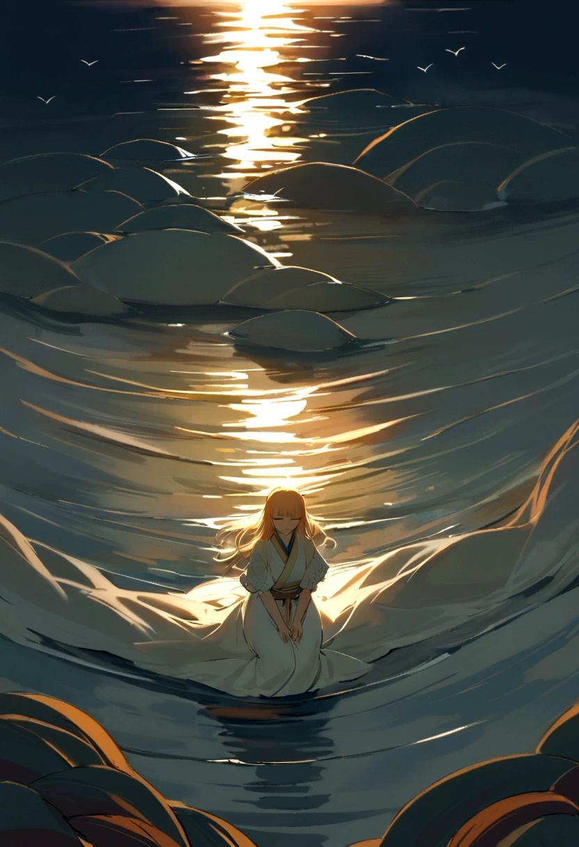 The evening breeze gently brushes over the bridge, and the water below sways calmly. Standing at the edge of the bridge, Sayori-hime-no-Mikoto quietly closes her eyes, her hand dipping into the water. A mysterious smile graces her face, amidst the serene sound of flowing water. This bridge has long connected people and is believed to bring safety and prosperity to those who cross it. As its guardian deity, Sayori-hime-no-Mikoto watches over the people from above, her thoughts drifting with the river's flow. Surrounded by tranquility, only the soft rustle of the wind and the chirping of birds break the silence. Until the sun sets, Sayori-hime-no-Mikoto cherishes this peaceful moment, listening attentively to the calm waters below Japanese mythology, impactful picture