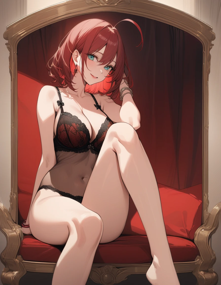 (Highest quality:1.2, High Detail, masterpiece:1.2, Best aesthetics), (1 girl), Beautiful woman, Beautiful detailed eyes, Beautiful detailed lips, Highly detailed face, Delicate depiction of hair and eyes, Detailed Fashion, ((Portraiture, Cowboy Shot)), Aqua Eye, huge ahoge, Mouth open, Earrings, View your viewers, attractive breasts, huge breasts, upper body, full body from knees to head, in the room, gaze away, high exposure, gaze into the distance, smile lightly, bared navel, lots of exposure, Emphasize cleavage, fancy sheer bra and pantie, naked arms and legs, fancy nails, sheer lingerie, sheer red bra, T-back, spread legs, dark red hair, bracelet, medium hair, color inner hair,