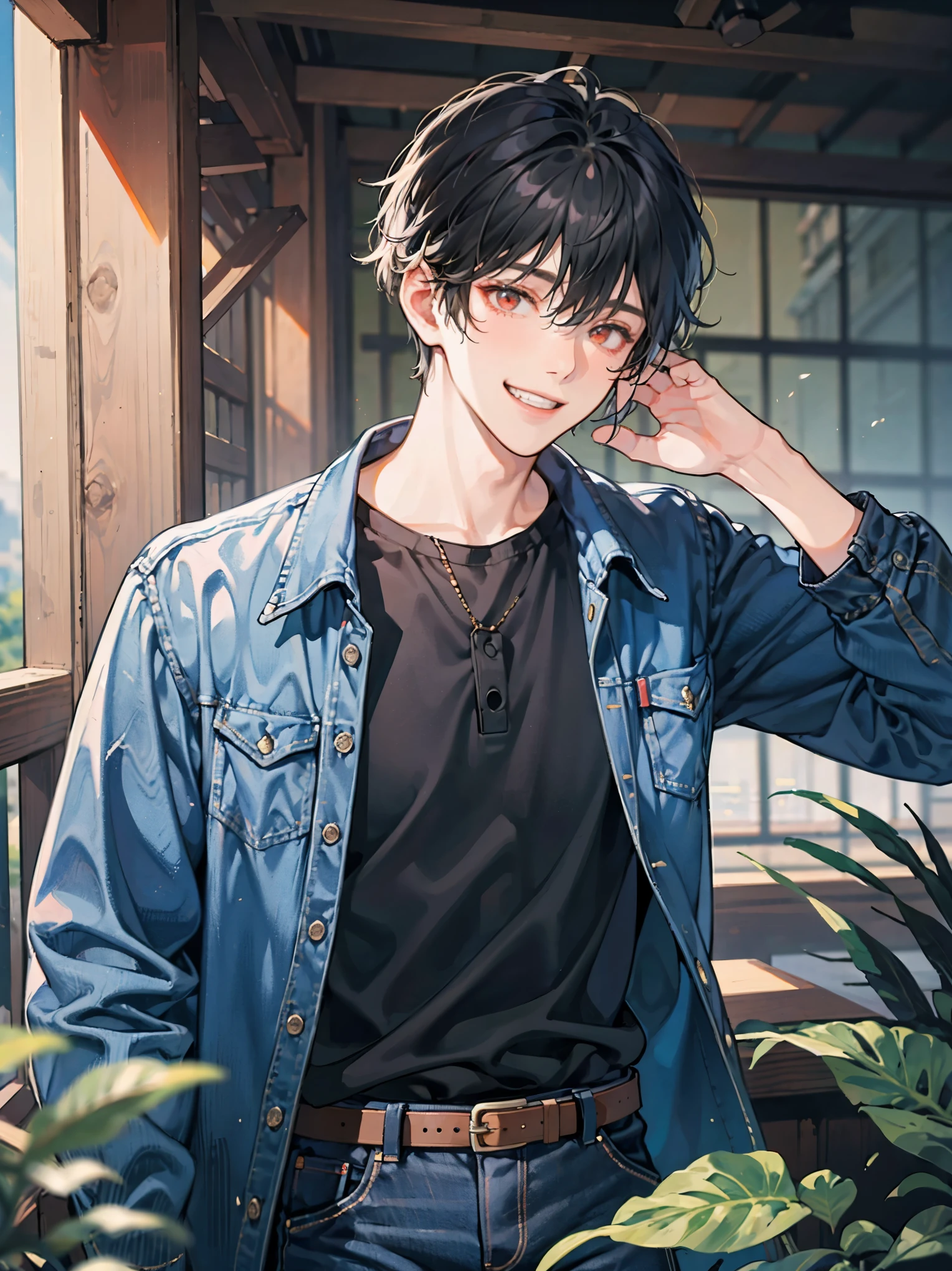 (cowboy shot), (ultra-high resolution, depth of field:1.2), adult, 1male, toned body, short black hair, red eyes, blue denim jacket, black shirt, black denim jeans, grin, Japanese suburbs scenery