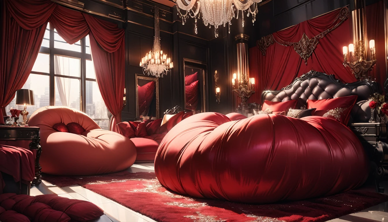 A fluffy red silk feather duvet, many huge silk body pillows, a luxurious and fluffy red silk bed, red silk sheets, 8k, best quality, high detailed, photorealistic, dramatic lighting, warm tones, luxurious, soft, plush, velvet, satin, velvety textures, elegant, sophisticated, premium, lavish, opulent, sumptuous, indulgent, exquisite, refined, lush,