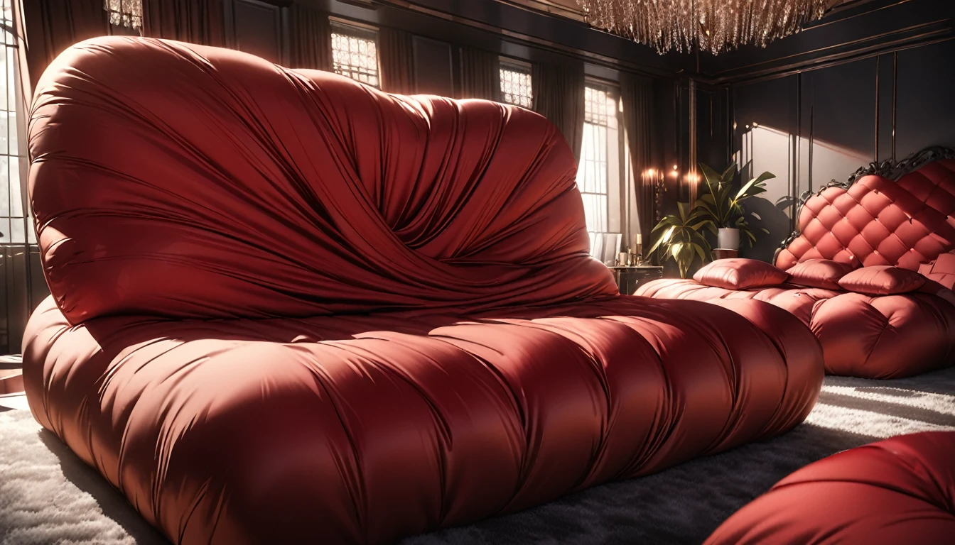 A fluffy red silk feather duvet, many huge silk body pillows, a luxurious and fluffy red silk bed, red silk sheets, 8k, best quality, high detailed, photorealistic, dramatic lighting, warm tones, luxurious, soft, plush, velvet, satin, velvety textures, elegant, sophisticated, premium, lavish, opulent, sumptuous, indulgent, exquisite, refined, lush,