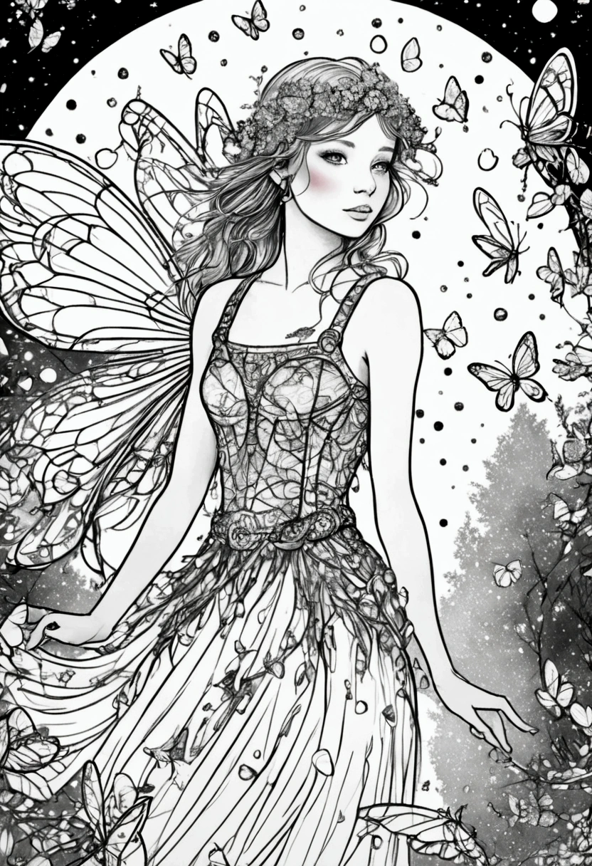 A magical fairy surrounded by glowing fireflies in a moonlit forest, clean line art, white background, colouring page, clean outline, sketch style, floral frame, decorative panel, abstract ,sketch, character lines and scenes without colors and shadows. (Masterpiece, Best Quality, Highres:1.4), Detailed, Intricate Details, 4K, color splashes, line art