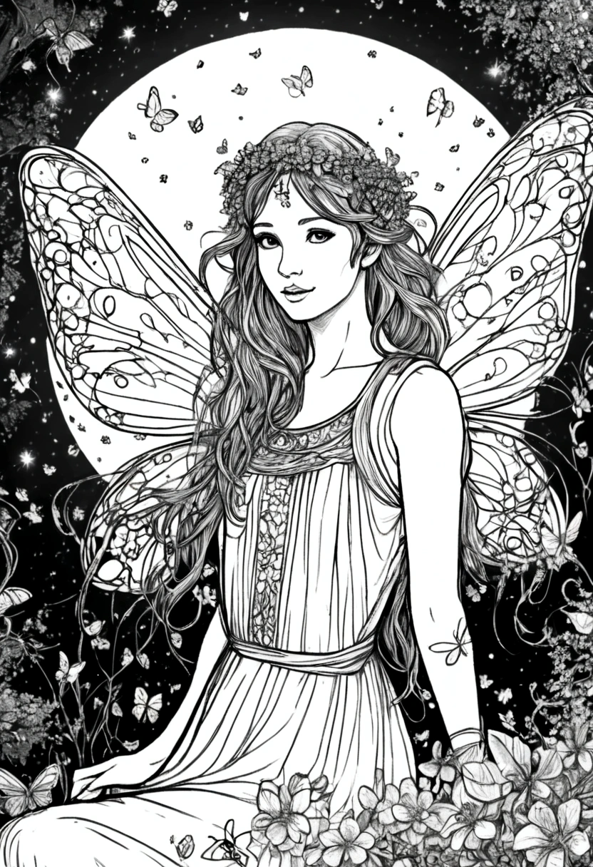 A magical fairy surrounded by glowing fireflies in a moonlit forest, clean line art, white background, colouring page, clean outline, sketch style, floral frame, decorative panel, abstract ,sketch, character lines and scenes without colors and shadows. (Masterpiece, Best Quality, Highres:1.4), Detailed, Intricate Details, 4K, color splashes, line art