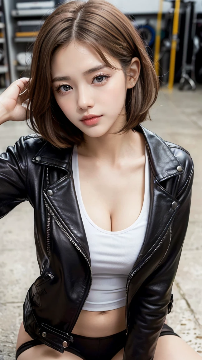 ((Highest quality, 8K, masterpiece :1.3)), (Sharp focus :1.2, Beautiful woman with perfect figure :1.4, Slim Abs :1.2), ((Big Breasts, Emphasize cleavage:1.3)), (Photorealistic:1.4), (realistic:1.4), (Short Bob Hair, Light brown hair:1.5), Highly detailed face and skin texture, Fine grain, double eyelid. Makeup face, A little bit of lipstick, sex appeal, Sexy gravure pose, (Black Leather Jacket、White tank top、Bike Garage、Cool smiling beauty。Pose with emphasis on the chest。:1.3)