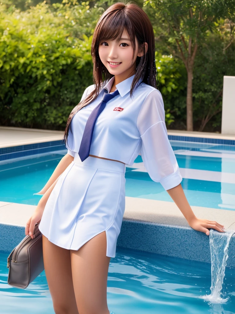 Product quality, 1 girl, upperbody shot, Front view, a Japanese young pretty girl, Long hair, Glamorous figure, For school uniforms, Standing by the pool with a big smile, Wet body, Wet hair, hyper cute face, Glossy lips, double eyelids for both eyes, Natural makeup, Shiny smooth light brown bob hair, asymmetrical bangs, Tanned skin, central image, High resolution, high detailing, detailed hairstyle, Detailed face, Cinematic lighting, Octane Rendering, Vibrant, Hyper realistic, Perfect limbs, Perfect Anatomy