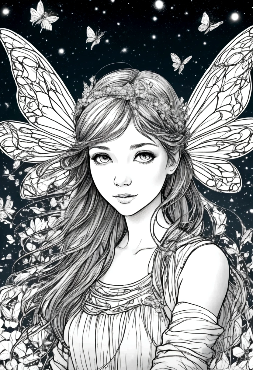 A magical fairy surrounded by glowing fireflies in a moonlit forest, clean line art, white background, colouring page, clean outline, sketch style, floral frame, decorative panel, abstract ,sketch, character lines and scenes without colors and shadows. (Masterpiece, Best Quality, Highres:1.4), Detailed, Intricate Details, 4K, color splashes, line art