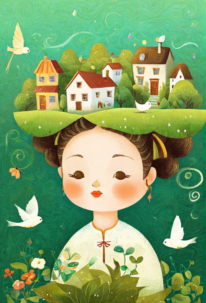 Digital illustration art, a comical illustration of a  girl adorned with many houses, trees, roots, a little swallow, etc. on her head. Her hair is composed of many houses and trees, and the background is green trees and hills (the background blends with the littles hair). Surrounded on both sides, it evokes the charm of a charming rural landscape. White background, the whimpering sound of Chinese calligraphy, vivid Ferdinand du Puigaudeau, Victor nizovtsev, retro tones, sparkling, reflective, best number, 8K, high-definition, high-resolution, dual exposure, beautiful digital illustrations,in style of Anna Dittmann, beautiful details