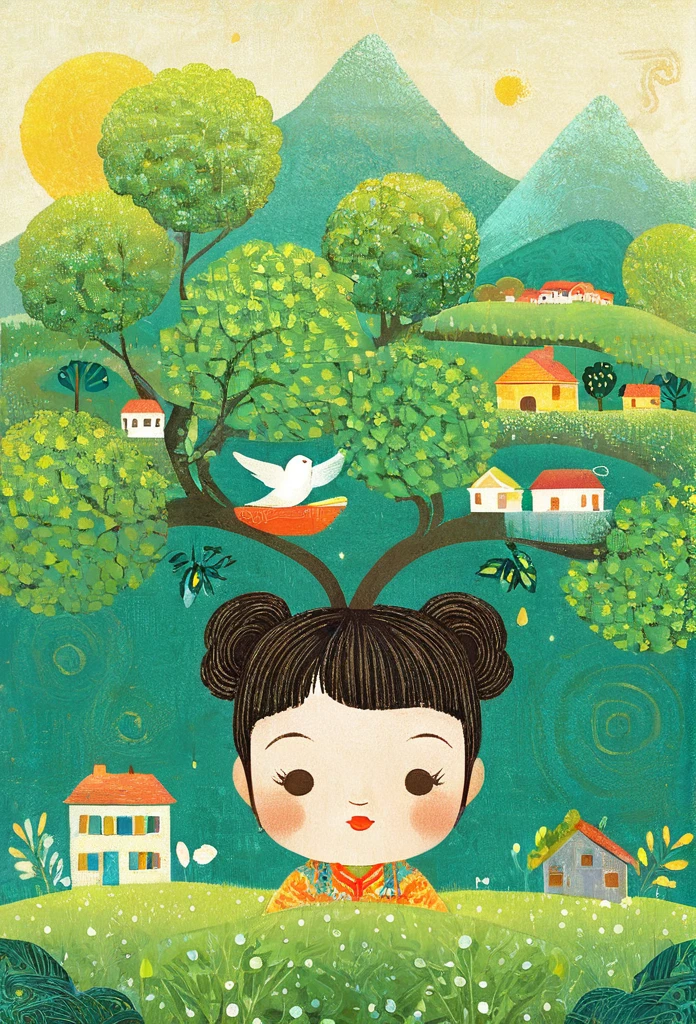 Digital illustration art, a comical illustration of a *********** adorned with many houses, trees, roots, a little swallow, etc. on her head. Her hair is composed of many houses and trees, and the background is green trees and hills (the background blends with the ***********'s hair). Surrounded on both sides, it evokes the charm of a charming rural landscape. White background, the whimpering sound of Chinese calligraphy, vivid Ferdinand du Puigaudeau, Victor nizovtsev, retro tones, sparkling, reflective, best number, 8K, high-definition, high-resolution, dual exposure, beautiful digital illustrations,in style of Anna Dittmann, beautiful details