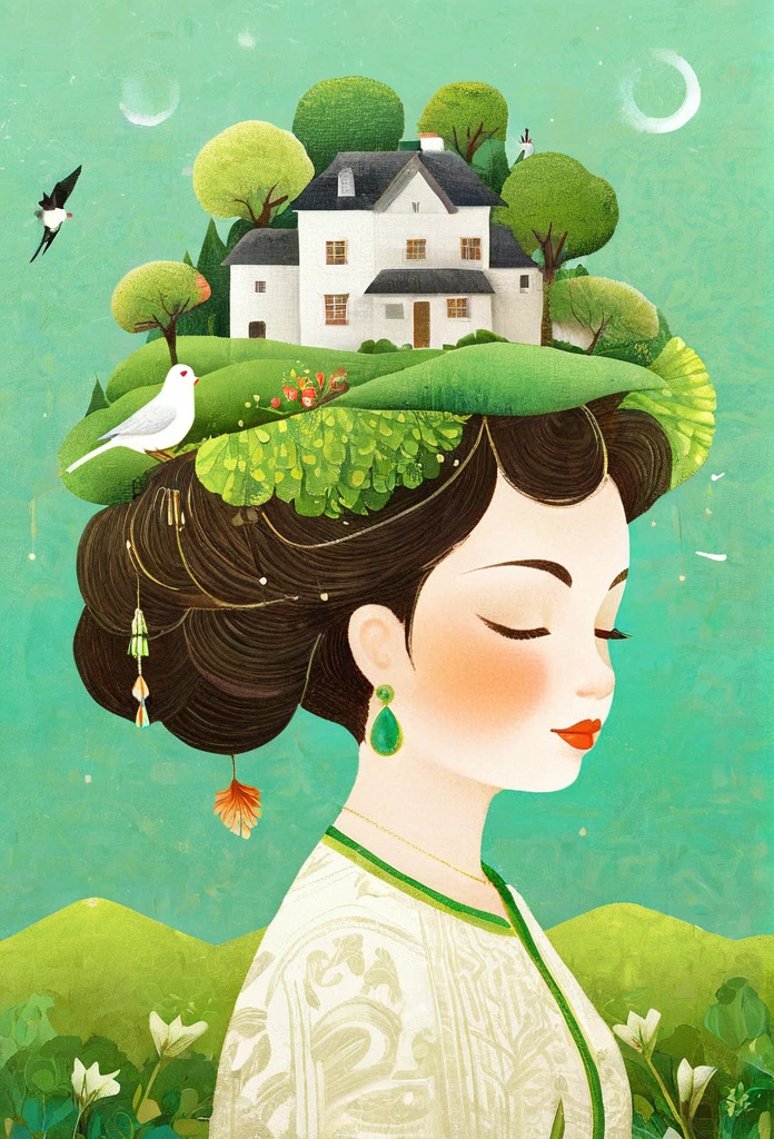 Digital illustration art, a comical illustration of a *********** adorned with many houses, trees, roots, a little swallow, etc. on her head. Her hair is composed of many houses and trees, and the background is green trees and hills (the background blends with the ***********'s hair). Surrounded on both sides, it evokes the charm of a charming rural landscape. White background, the whimpering sound of Chinese calligraphy, vivid Ferdinand du Puigaudeau, Victor nizovtsev, retro tones, sparkling, reflective, best number, 8K, high-definition, high-resolution, dual exposure, beautiful digital illustrations,in style of Anna Dittmann, beautiful details