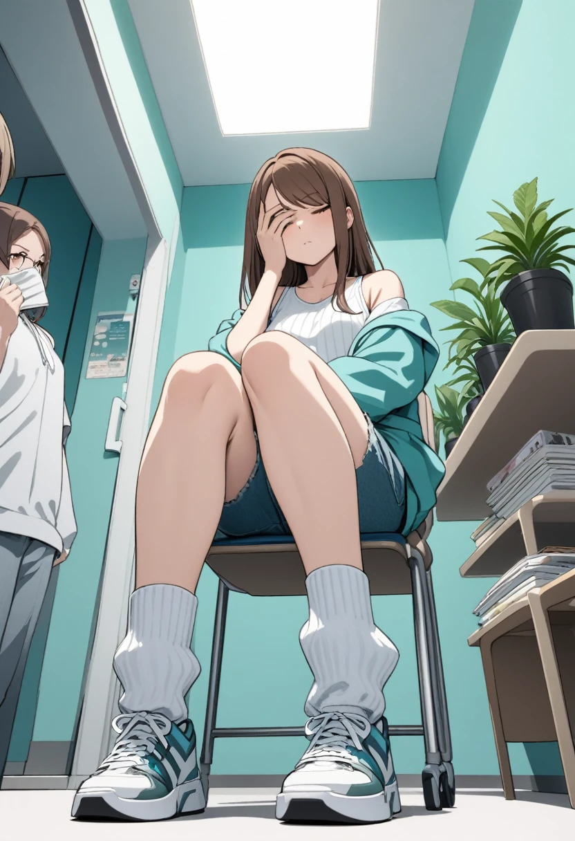 (masterpiece, best quality:1.2), young woman, unamused, facepalm, covered face, very long brown hair, swept bangs, closed eyes, open off shoulder teal hoodie, ribbed white tank top, jean shorts, sneakers, baggy socks, from below, sitting on chair, crowded large hospital hallway, teal walls, white floor, fake plants, small table with magazines, small breasts, thin, indoors