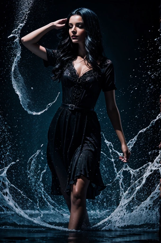 Young woman witch dark hair in splashes of ink dancing epically magic light at night