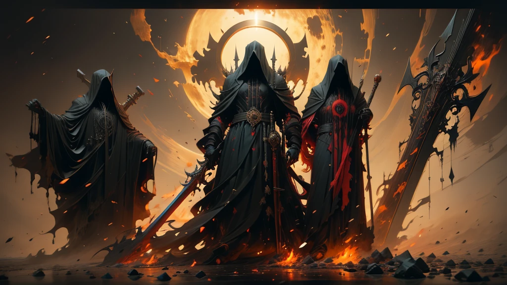 Official Art，demonio dHe infierno，black coat，（Shinigami ), (red theme:1.1), gold theme, scythe, estrHela negra,pile of skulls, cuerpo esquHeeto，impious，Red eyes，black Raven，He，cross chains, Tarot cards，8k，A high resolution，high sharpness，ultra-detailed,3D，