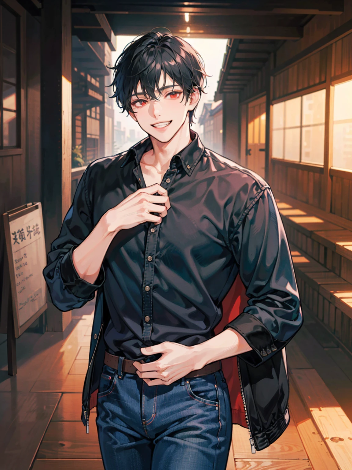 (cowboy shot), (ultra-high resolution, depth of field:1.2), adult, 1male, toned body, masculine, short black hair, red eyes, blue denim jacket, black shirt, black denim jeans, grin, Japanese suburbs scenery