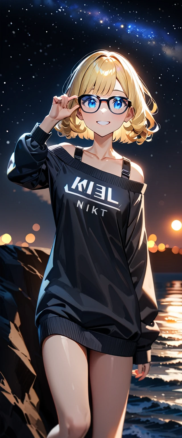 (((a starry sky, the Milky Way shining beautifully in the night))), ((bare legs)), (((sunglasses, hand to sunglasses))), (((cowboy shot))), from side, ((sitting on the very high cliff)), ((wavy hair, inward curled hair)), ((sea, beach)), ((blond hair, bob cut:1.3)), breasts, teenager, (looking at viewer), oversized clothes, puffy long sleeves, ((off-shoulder sweater:1.3, Quite thick shoulder straps)), ((black sweater)), collarbone, head tilt:1.3, (((blue eyes))), ((happy smile)), (((anime style))), (best quality, 4K, 8K, highres, masterpiece:1.2, ultra-detailed, ultra-detailed eyes, HDR, uhd, studio lighting, ultra-fine painting, sharp focus, physically-based rendering, extreme detail description, professional, vivid colors, bokeh)
