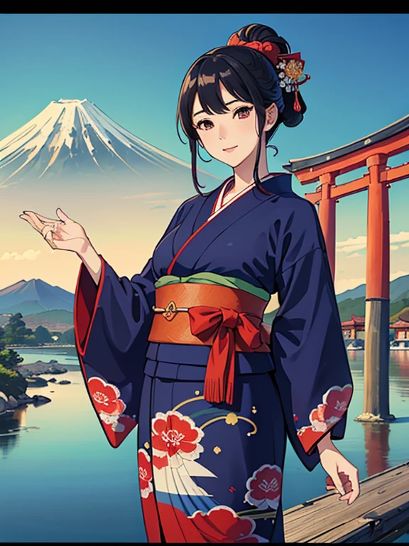 (Highest quality、masterpiece、High resolution、8K)、Vibrant colors、Ukiyo-e、Utamaro、Kimono Beauty、river、Mount Fuji in the distance、Japanese Landscape、A big red torii gate is visible.、Official Art、