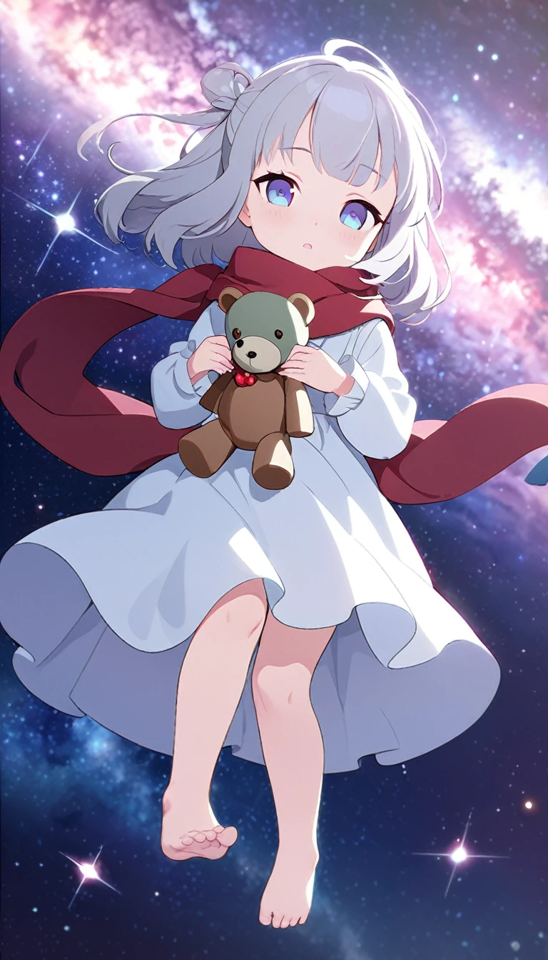 (((masterpiece))), (((best quality))),(((high detail))),light manipulation, girl with silver hair, gradient purple to sky blue eyes, wearing a white dress, a red scarf, (((loli))), (((child))) , galaxy background, holding a teddy bear, feet, no footwear