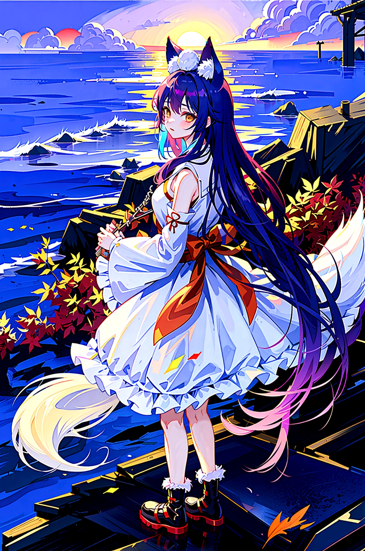 fox Light blue hair beast girl indigo fur fox beast girl Sesshomaru, Yellow eyes, Anime, Perfect face, Perfect Lighting, Outdoors, Warm colors, Dark purple sky, Autumn sunset, \(inuyasha\), Bearing Claw, Ready to fight wave, koi fish, anime artstyle, wide view, fluffy. yellow fox, marking under the eyes, crystal antler ,violet eyes, wearing bandanna, flower petals, Ambient light,Ultra-fine fur,volumettic light,natural lightting,fox tail,nevando,35mm。High quality, high detal, Best quality, hyper HD,individual,Single
