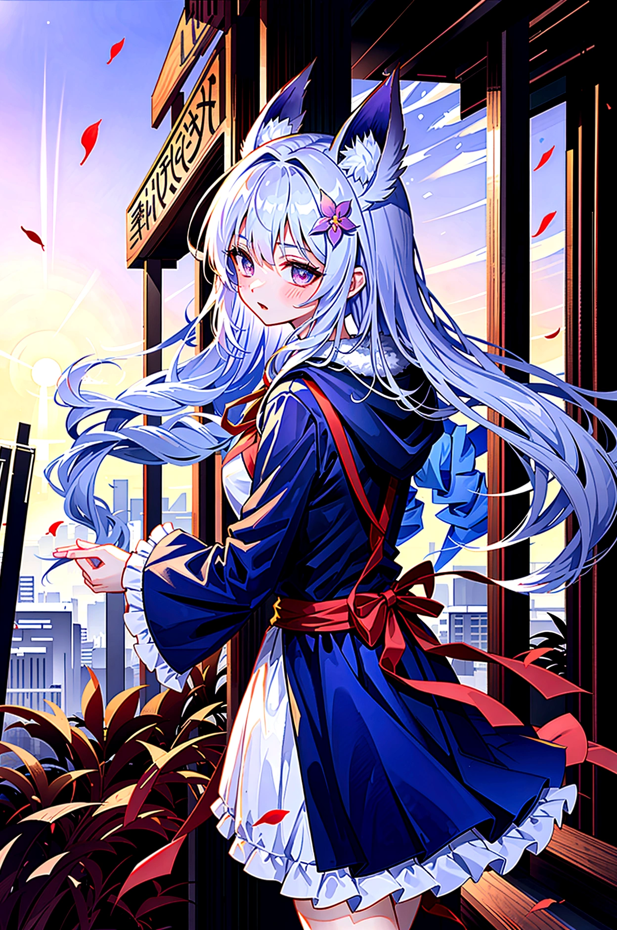 fox Light blue hair beast girl indigo fur fox beast girl Sesshomaru, Yellow eyes, Anime, Perfect face, Perfect Lighting, Outdoors, Warm colors, Dark purple sky, Autumn sunset, \(inuyasha\), Bearing Claw, Ready to fight wave, koi fish, anime artstyle, wide view, fluffy. yellow fox, marking under the eyes, crystal antler ,violet eyes, wearing bandanna, flower petals, Ambient light,Ultra-fine fur,volumettic light,natural lightting,fox tail,nevando,35mm。High quality, high detal, Best quality, hyper HD,individual,Single