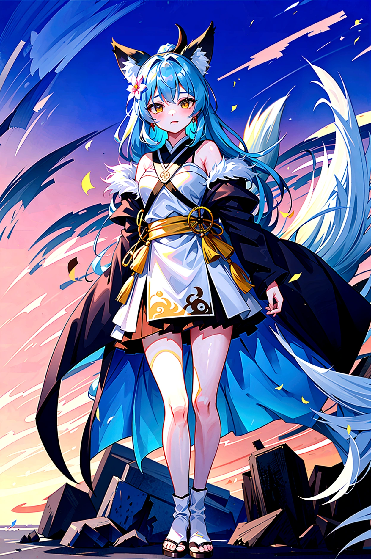 fox Light blue hair 　beast girl　indigo fur　fox beast girl　Sesshomaru, Yellow eyes, Anime, Perfect face, Perfect Lighting, Outdoors, Warm colors, Dark purple sky, Autumn sunset,  \(inuyasha\), Bearing Claw, Ready to fight　wave, koi fish, anime artstyle, wide view, fluffy. yellow  fox, marking under the eyes, crystal antler ,violet eyes, wearing bandanna, flower petals, Ambient light，Ultra-fine fur，volumettic light，natural  lightting，fox tail，nevando，35mm。High quality, high detal, Best quality, hyper HD，individual，Single