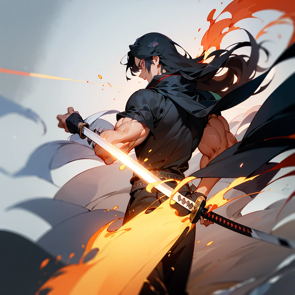 Create a character with long hair, from the back with a large black cape A katana on fire Eyes coming out of rays Black clothing with red stripes A scar on the arm A somewhat muscular body Acting like a swordsman With two Katana no fire comes out