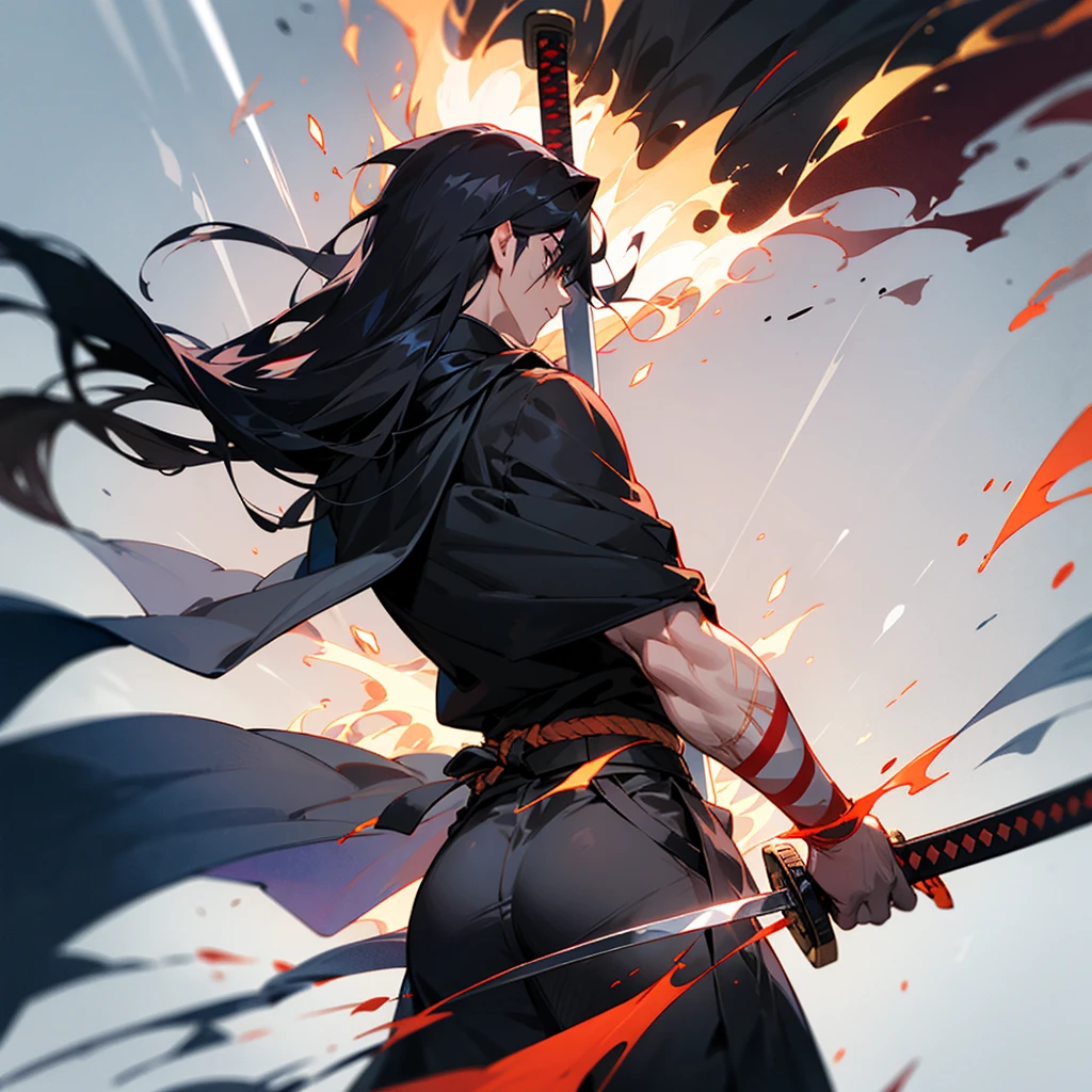 Create a character with long hair, from the back with a large black cape A katana on fire Eyes coming out of rays Black clothing with red stripes A scar on the arm A somewhat muscular body Acting like a swordsman With two Katana no fire comes out